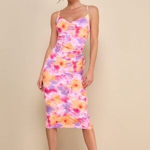 Lulus Vibrant Babe Pink Multi Floral Cutout Drawstring Midi Dress - Size XS